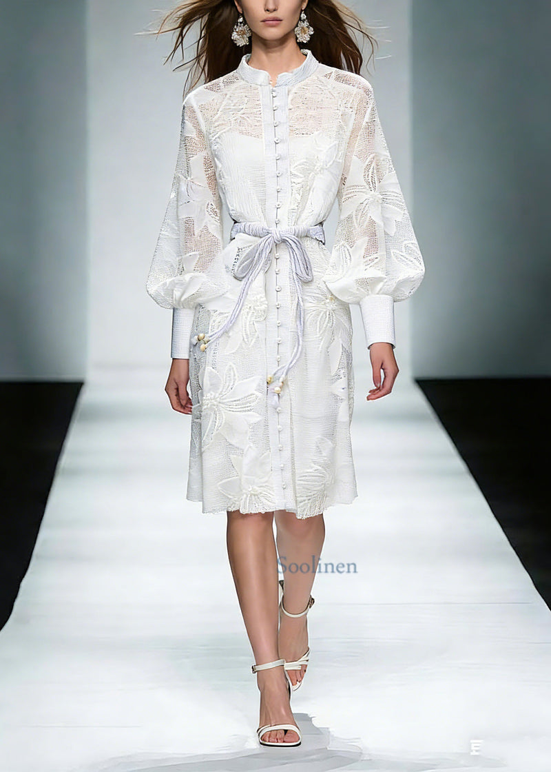White Stand Collar Tie Waist Maxi Shirts Dresses Lantern Sleeve