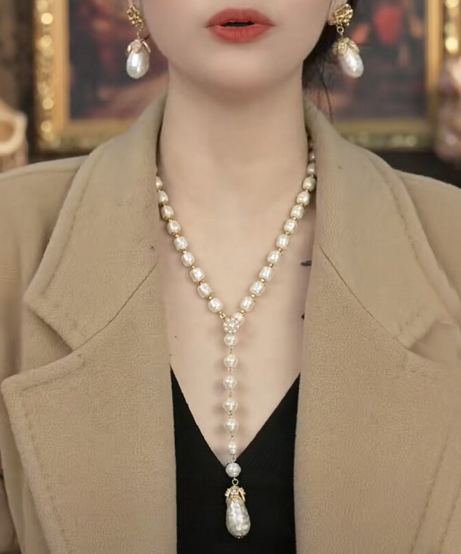 White Sterling Silver Overgild Pearl Sweater Pendant Necklace