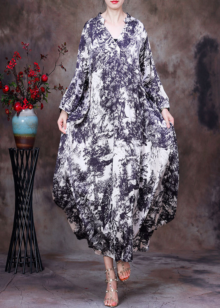 White V Neck Asymmetrical Design Tie Dye Silk Dress Long Sleeve