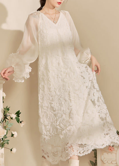 White V Neck Tulle Maxi Dresses Spring