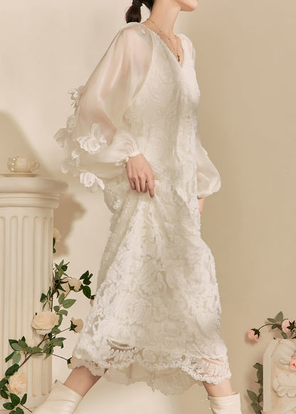 White V Neck Tulle Maxi Dresses Spring