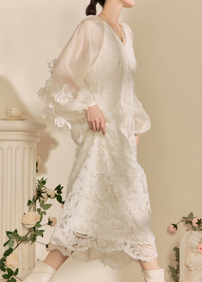 White V Neck Tulle Maxi Dresses Spring