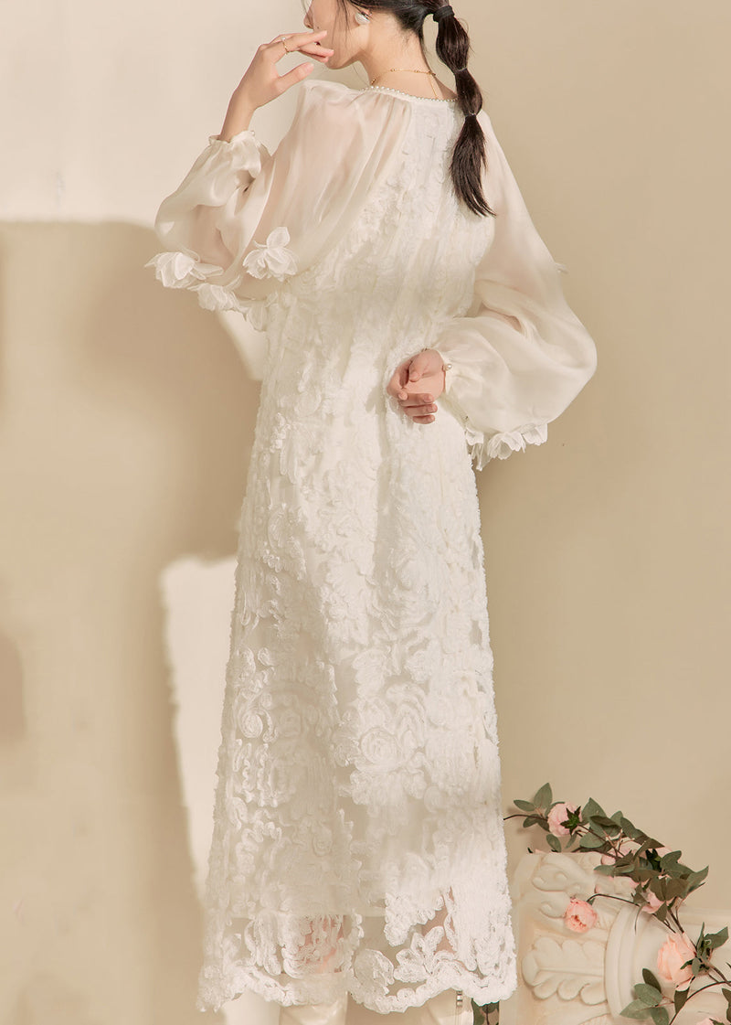 White V Neck Tulle Maxi Dresses Spring