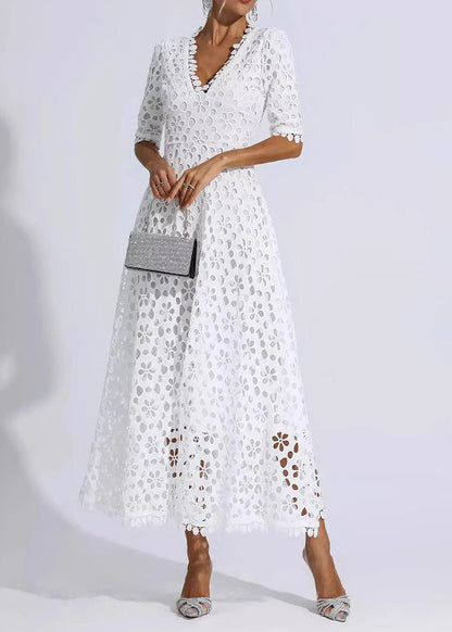 White V Neck Hollow Out Lace Dress Summer