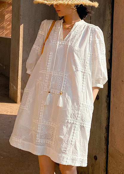 White V Neck Hollow Out Pockets Cotton Dress Half Sleeve