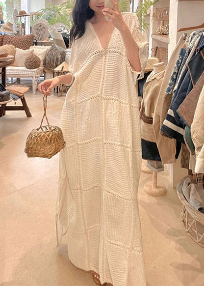 White V Neck Hollow Out Side Open Knit Dresses Half Sleeve