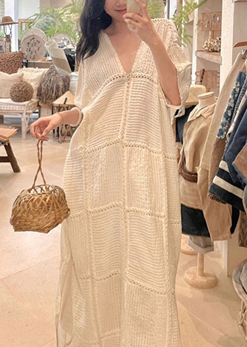 White V Neck Hollow Out Side Open Knit Dresses Half Sleeve