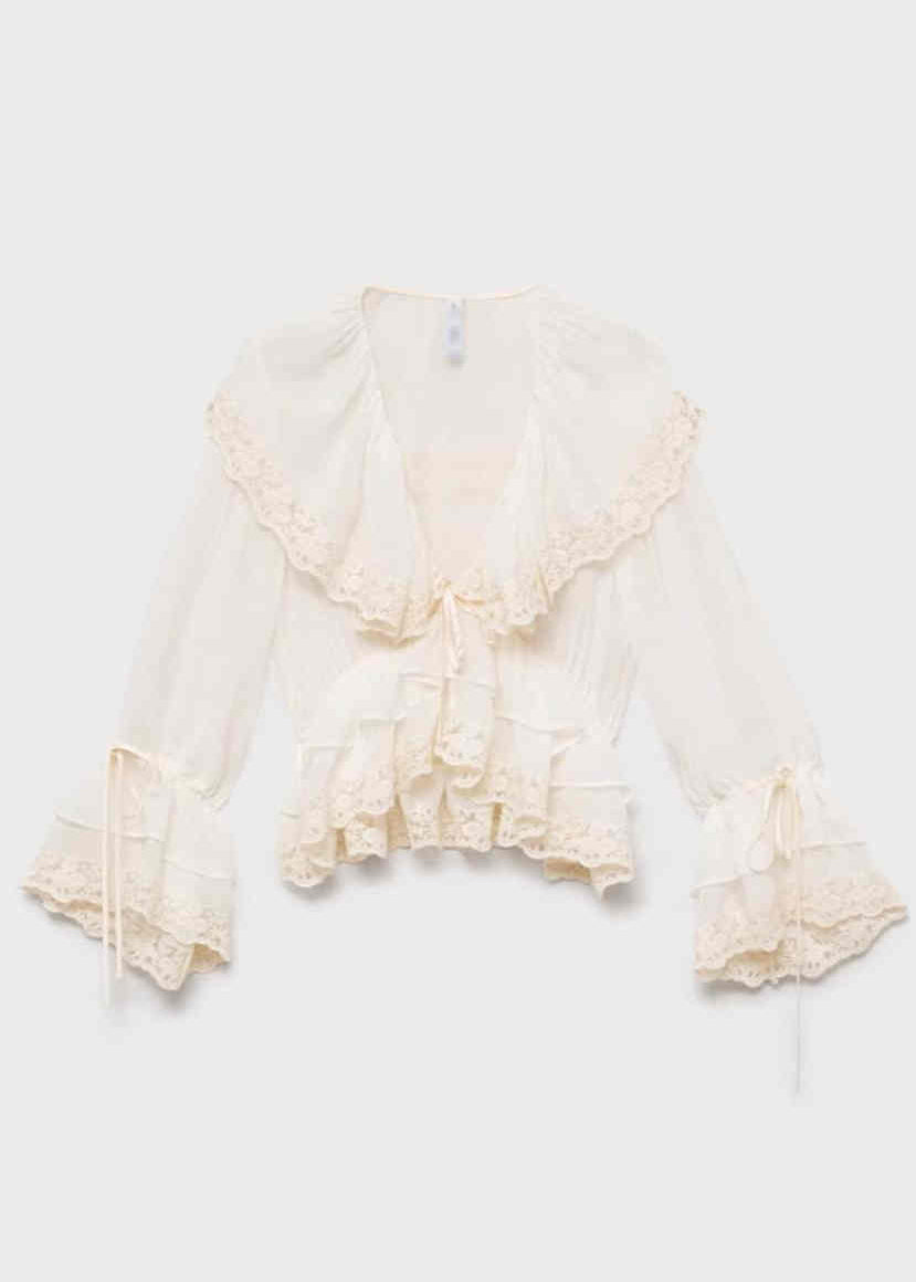 Elegant White V Neck Lace Patchwork Chiffon Fall