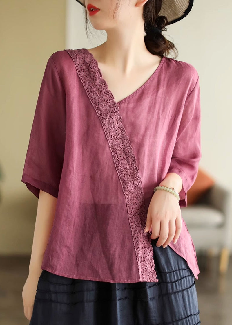 White V Neck Lace Patchwork T Shirt Short Sleeve