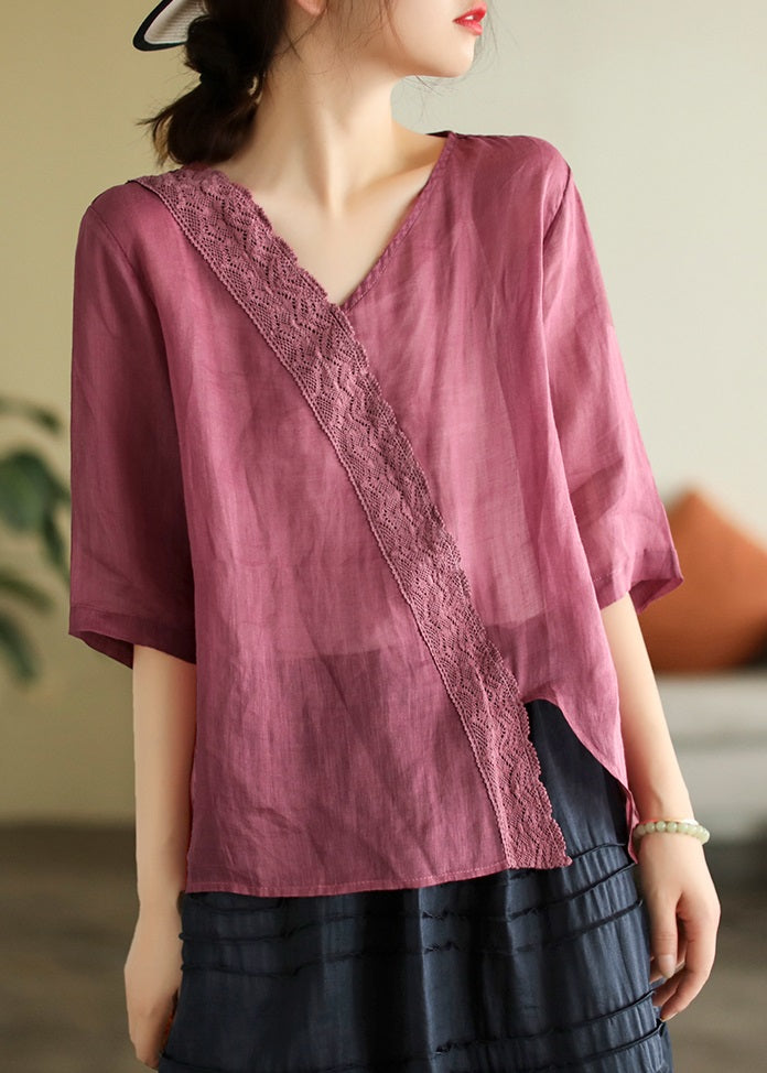 White V Neck Lace Patchwork T Shirt Short Sleeve