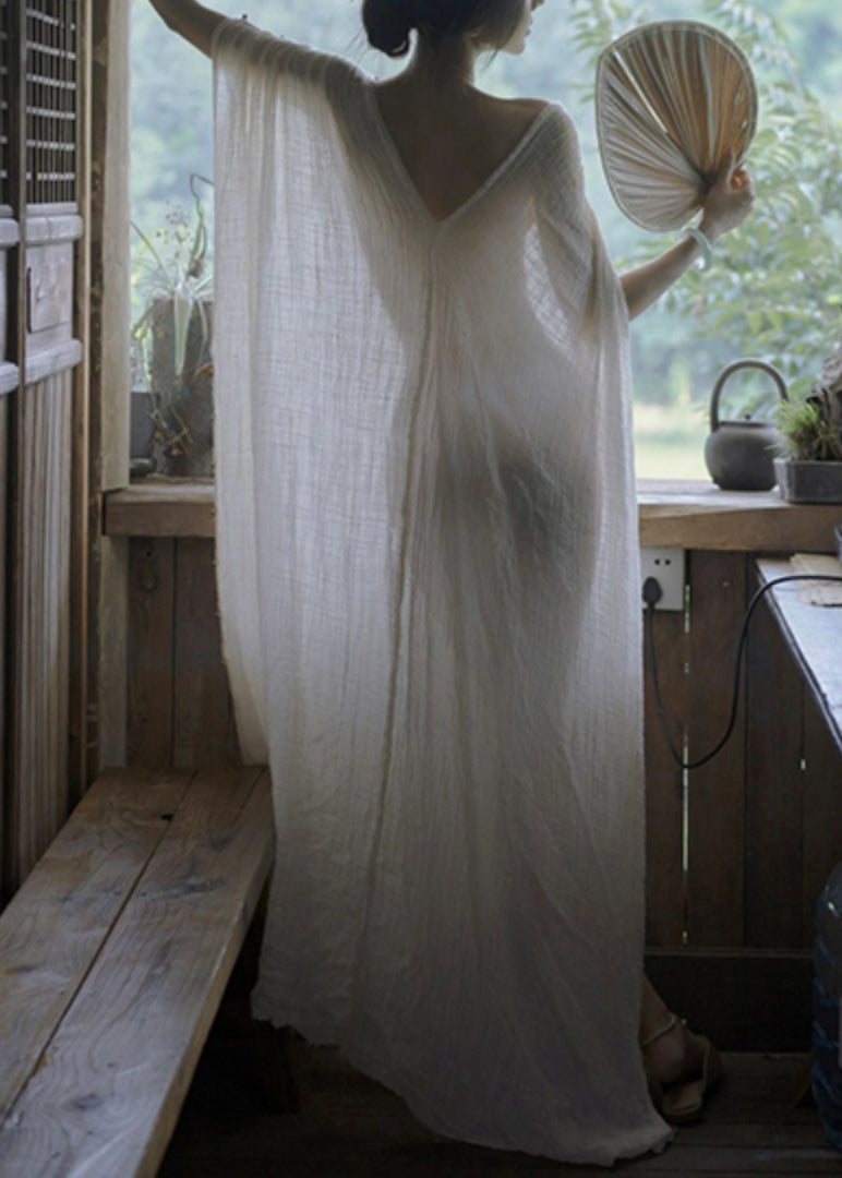 White V Neck Lace Up Cotton Maxi Dresses Summer