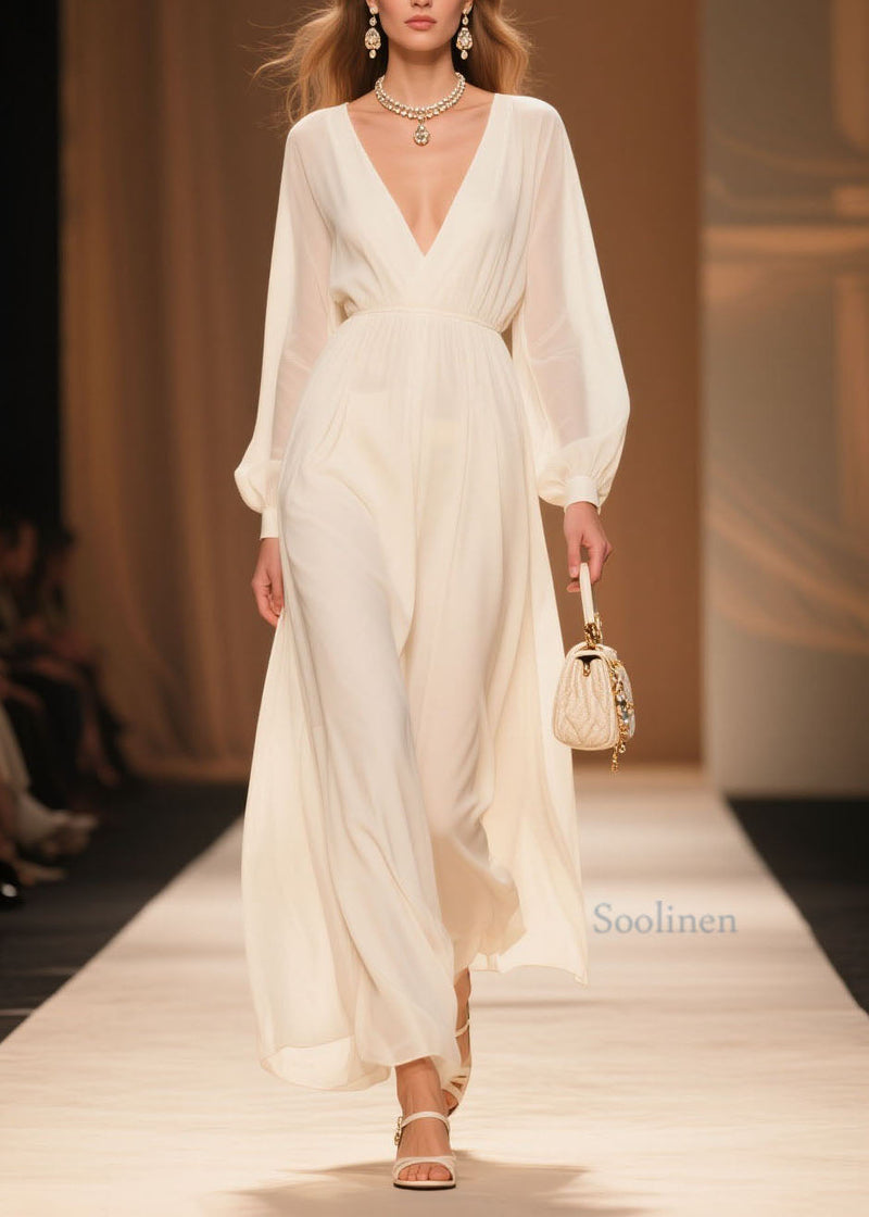White V Neck Patchwork Chiffon Dress Spring