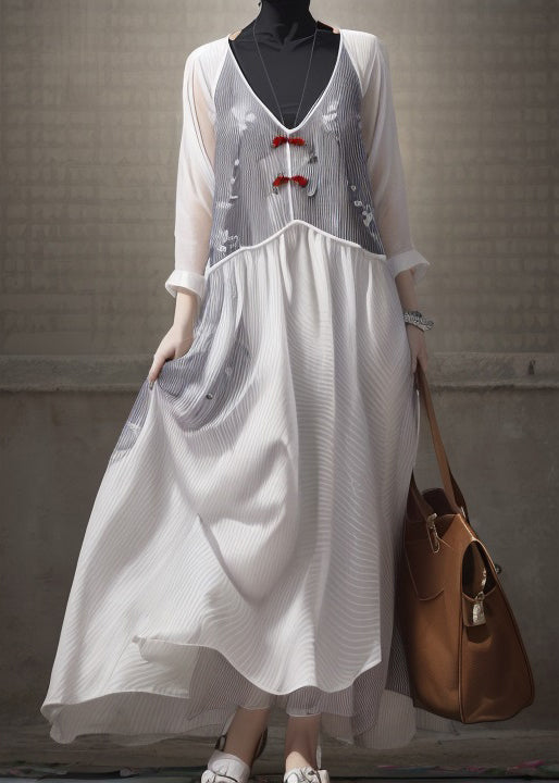 White V Neck Patchwork Silk Dresses Long Sleeve
