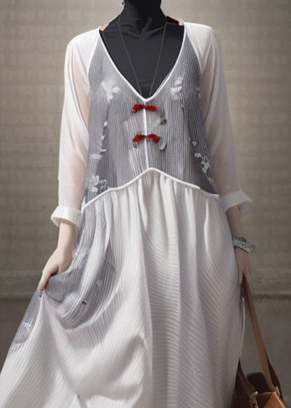 White V Neck Patchwork Silk Dresses Long Sleeve