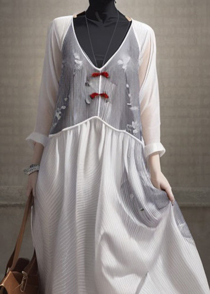 White V Neck Patchwork Silk Dresses Long Sleeve