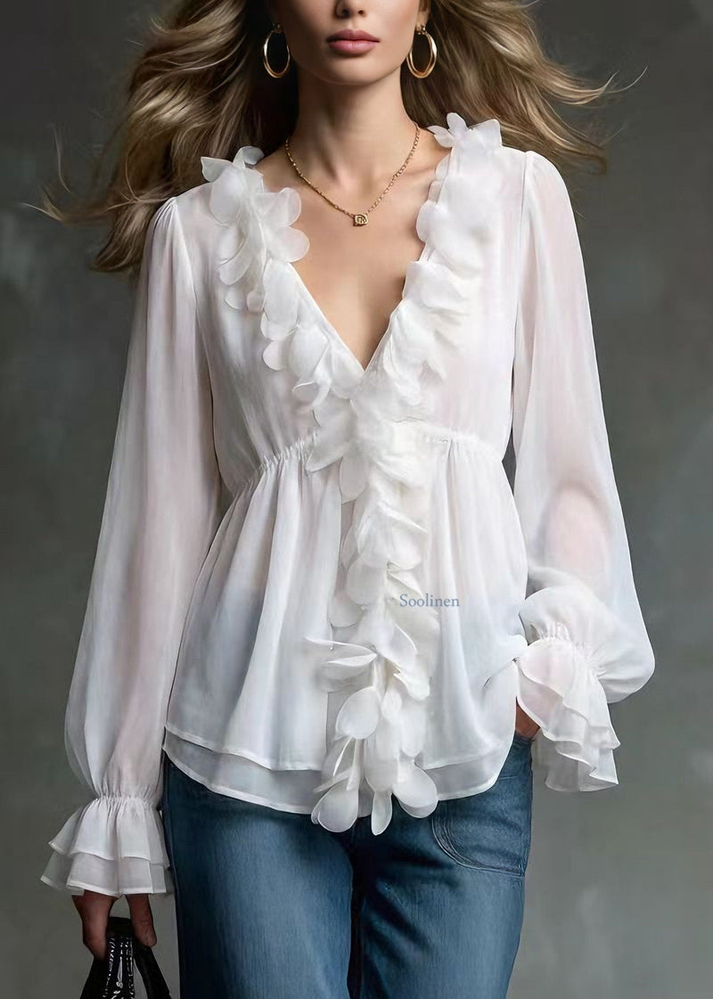 White V Neck Petal Chiffon Shirts Spring