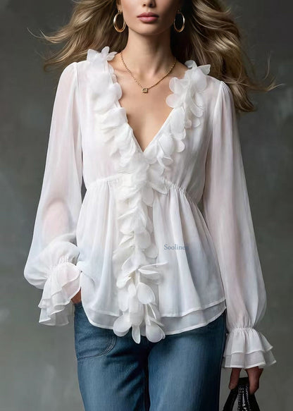 Elegant White V Neck Petal Chiffon Shirts Spring