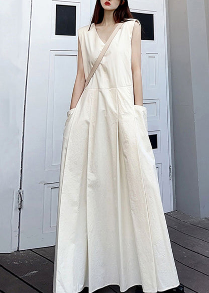 White V Neck Pockets Patchwork Cotton Maxi Dresses Sleeveless