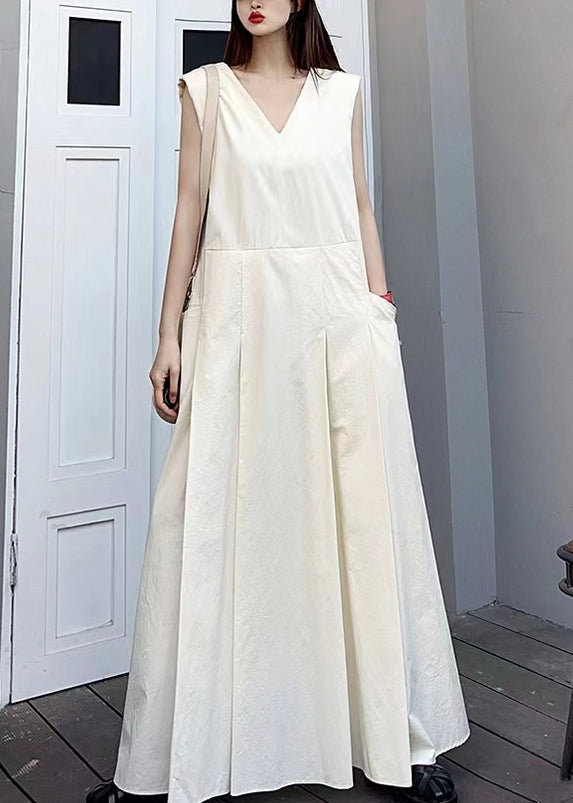 White V Neck Pockets Patchwork Cotton Maxi Dresses Sleeveless