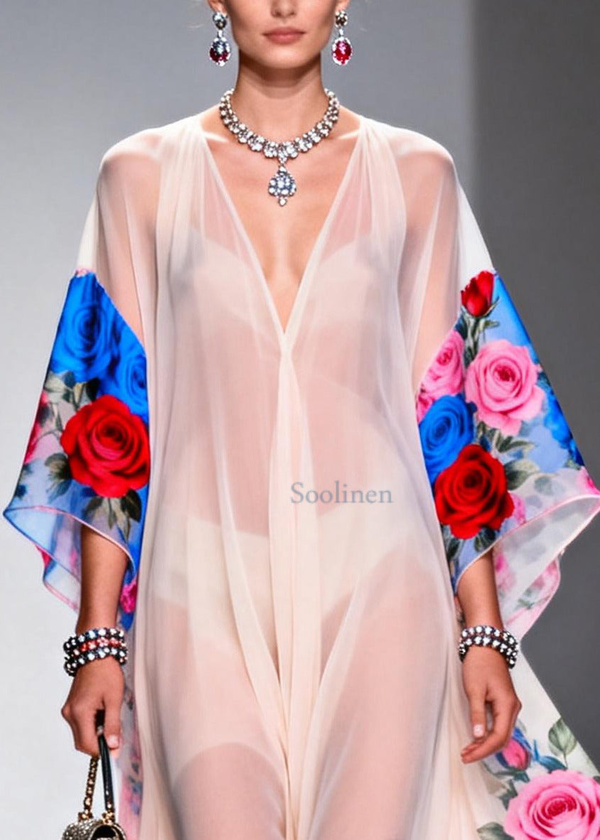 White V Neck Print Chiffon Beach Dress Summer