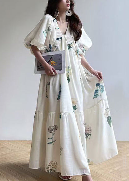 White V Neck Print Lace Up Cotton Dress Lantern Sleeve