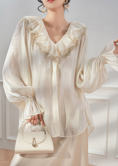 Elegant White V Neck Ruffled Shirts Spring