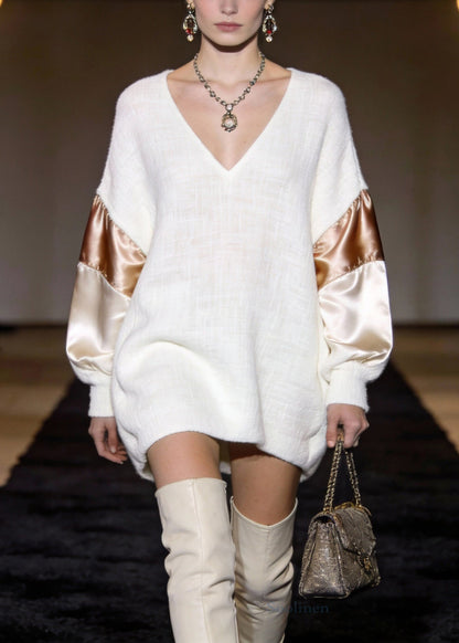 White V Neck Silk Patchwork Mini Dresses Spring