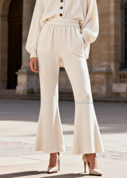 White V Neck Top and Flared Trousers Knit Two Piece Set Spring