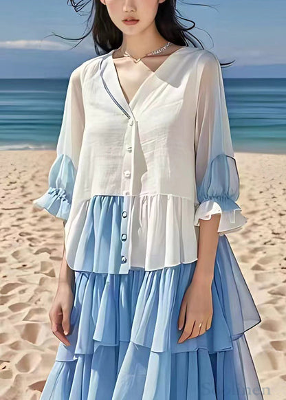 White Wrinkled Button Chiffon Long Dress Flare Sleeve