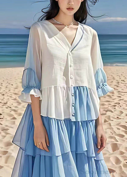 White Wrinkled Button Chiffon Long Dress Flare Sleeve