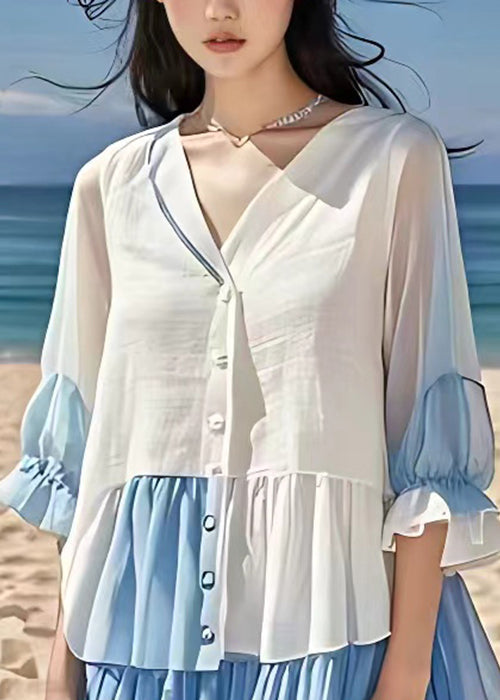 White Wrinkled Button Chiffon Long Dress Flare Sleeve
