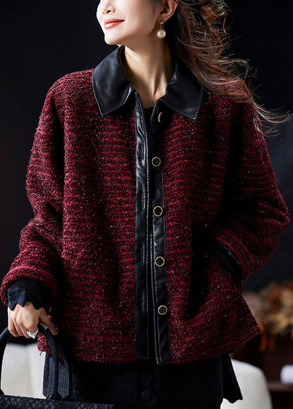 Wine Red Peter Pan Collar Button Patchwork Parkas Winter