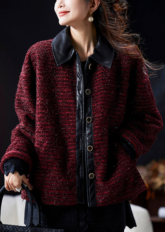 Wine Red Peter Pan Collar Button Patchwork Parkas Winter