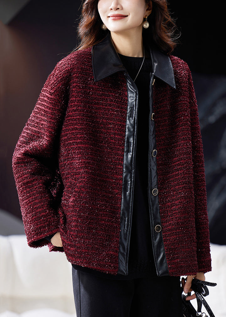 Wine Red Peter Pan Collar Button Patchwork Parkas Winter
