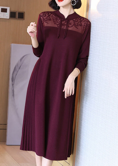 Wine Red Stand Collar Button Cotton Knit Dresses Spring
