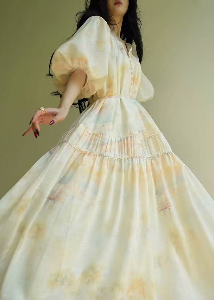 Wrinkled Print Tie Waist Cotton Long Dress Summer