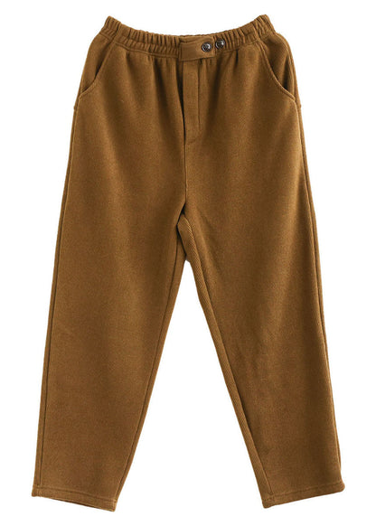 Yellow Elastic Waist Pockets Warm Fleece Corduroy Pants Winter