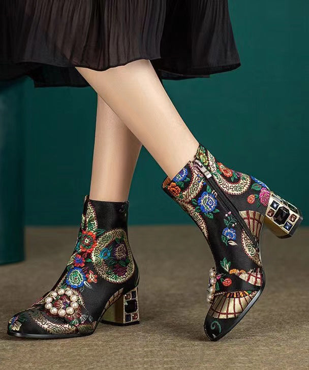 Yellow Embroidered Zircon Satin Chunky Ankle Boots