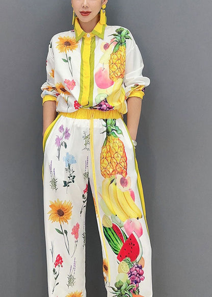 Yellow Fruit Print Button Shirts and Wide Leg Pants Two Piece Set Fall