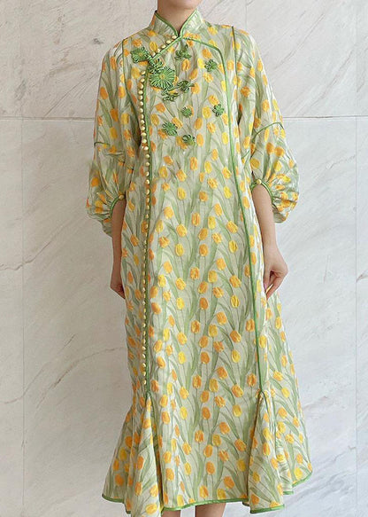 Yellow Green Embroidered Button Silk Maxi Dresses Fall