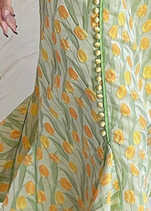 Yellow Green Embroidered Button Silk Maxi Dresses Fall