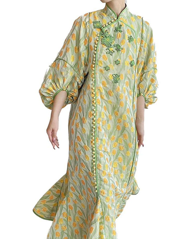 Yellow Green Embroidered Button Silk Maxi Dresses Fall
