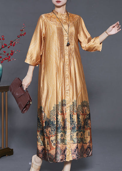 Yellow Hollow Out Print Wrinkled Silk Shirt Dresses Summer