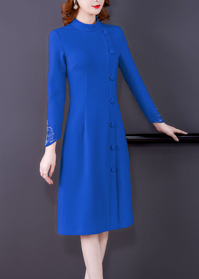 Yellow O-neck Embroidered Button Maxi Dress Fall