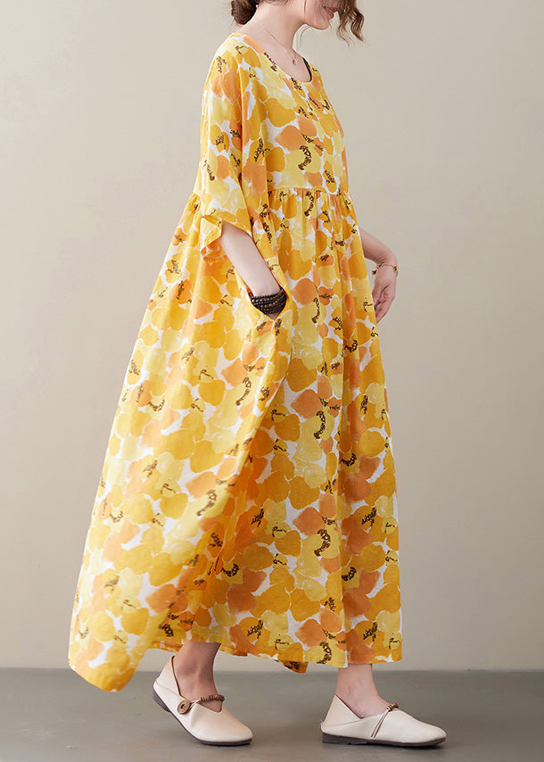 Yellow O-neck Patchwork Cozy Long Dresses Short Sleeve