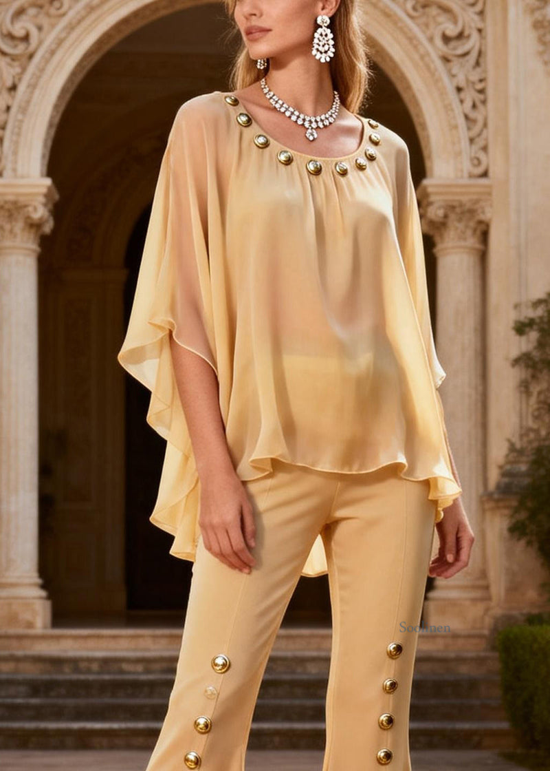 Yellow O-neck Rivet Chiffon Top and Flared Trousers Two Piece Set Flare Sleeve