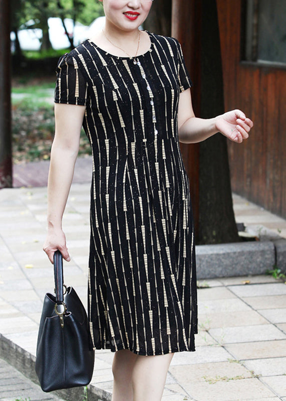 Yellow O-neck Striped Long Dress Short Sleeve