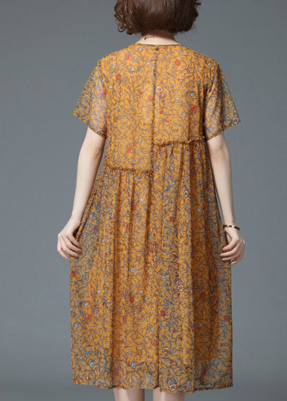 Yellow O-neck Wrinkled Ruffled Print Chiffon Dress Short Sleeve
