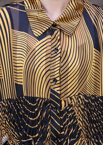 Yellow Peter Pan Collar Wrinkled Striped Print Chiffon Long Shirt Half Sleeve