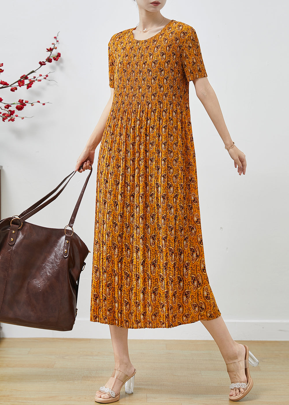 Yellow Print Chiffon Pleated Dress Summer